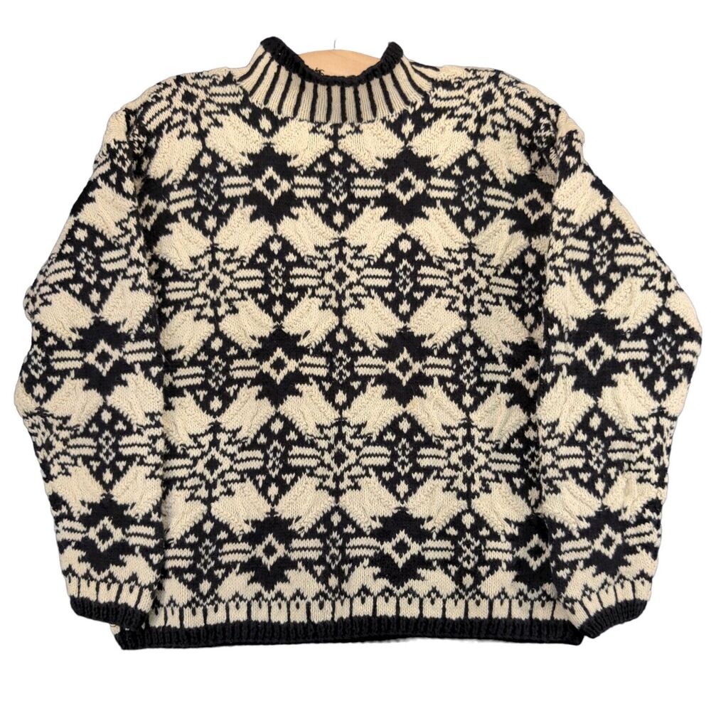Marsh Landing Womens Geometric Hand Knit Sweater Small Black White Shoulder Pads